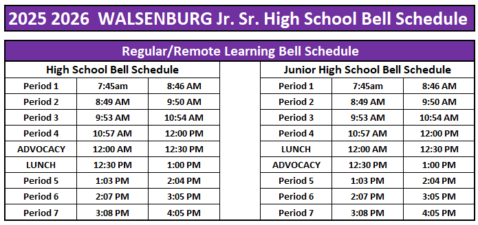 Remote Learnin Bell Schedule is the same as our regular bell schedule